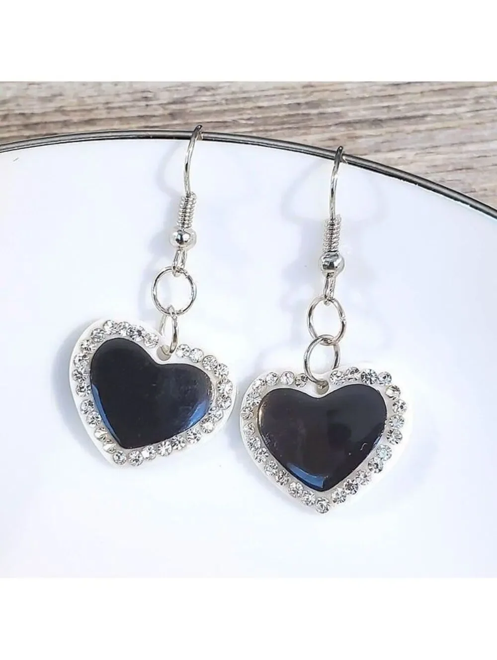 Vintage Y2K White Black Lucite Austrian Crystal Dangly Heart Earrings